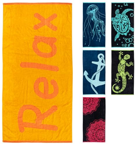 Pure Label Strandtuch 90x180 cm | Velour Strandlaken aus 100% Baumwolle | Pflegelichtes, saugstarkes Strandhandtuch mit Relax Schriftzug (Orange/Gelb)
