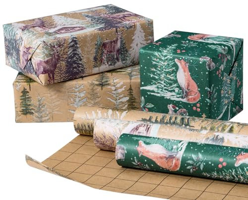 RUSPEPA Rotolo Di Carta Da Regalo Kraft Natalizia - Volpe, Renna e Albero Di Natale - 43,2 cm x 3 m per Rotolo, Totale di 3 Rotoli