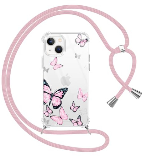 Yoedge Handyband Handyhülle für iPhone 13 Mini 5,4 Hülle mit Band, Durchsichtig Aesthetic Muster Blumen Mädchen Case mit Kordel zum Umhängen, Weiche Silikon TPU + PC Stoßfest Schutzhülle Cover, 04