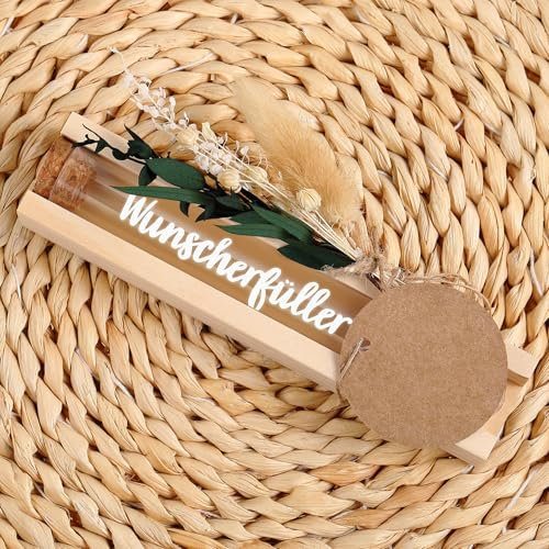 Hestya Wunscherfüller Geldgeschenk Verpackung Reagenzgläser mit Holzsockel Transferaufkleber Getrockneten Blumenstrauß Glücksbringer für Freunde Weihnachten Geburtstag Hochzeit Kommunion Gutscheinen