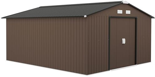 Outsunny Gerätehaus 12,4 m², Gartenhaus mit Satteldach, Schiebetür, Fundament, 386 x 340 x 200 cm, Geräteschuppen aus Verzinkter Stahl, wetterfest, für Garten, Braun