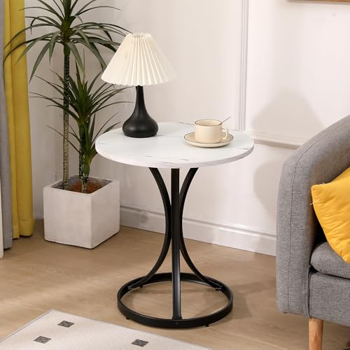 Rainbow Tree Modern 50cm Round Coffee Table with Pedestal Base, Wooden Sofa Side Tea End Tables for Living Room, Center Tables for Living Room (White Marble)