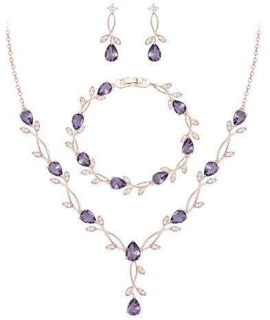 EVER FAITH Hochzeit Schmuckset für Braut Brautjungfer, Lila Rose Gold-Ton Teardrop Cubic Zirkonia Blatt Rebe Braut Prom Halskette baumeln Ohrringe Armband Set für Damen