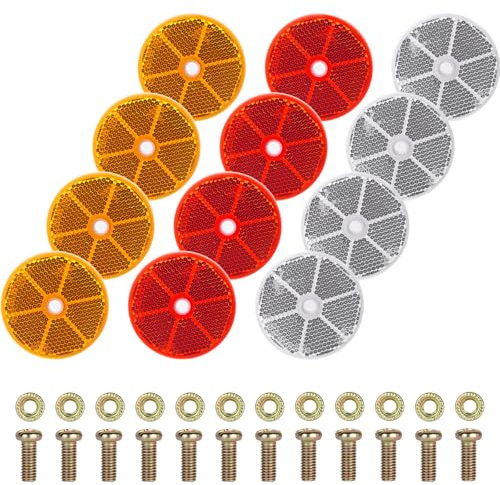 GOWTX 12 Stück Rund Rückstrahler in 3 Farben, Ø60mm Katzenaugen Seitenstrahler Anhänger, Runde Reflektoren zum Anschrauben, Anschraubbar Katzenauge Seitenstrahler für Pkw LKW(Orange Weiß Rot)