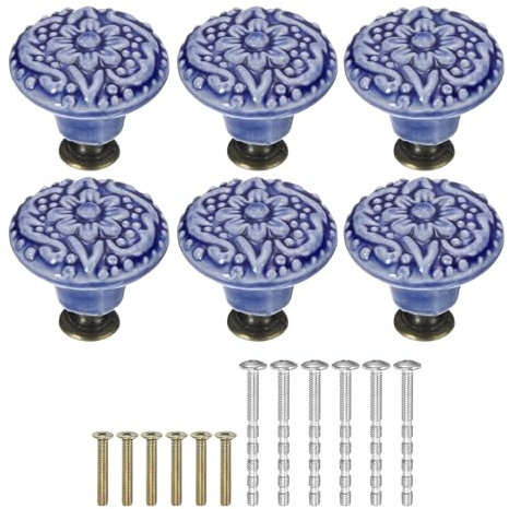 sourcing map 6Pcs Ceramic Knobs, 34mm/1.34 Flower Pattern Mushroom Knob Raised Base Drawer Pull Handle Vintage Wardrobe Knobs with Screws for Vanity Bedroom Furniture Closet, Purple Blue