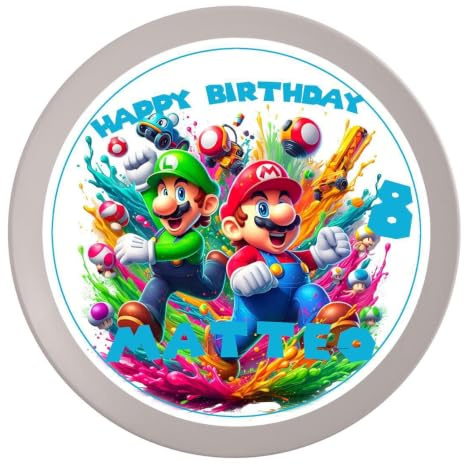 Muckki.de Tortenaufleger Geburtstag Super-Mario #3 – Essbare Magische Kuchendekoration für Kindergeburtstage mit Name und Zahl, 20 cm