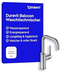 Duravit Balcoon Waschtischarmatur, energiesparende Waschbecken Armatur (FreshStart), wassersparender Wasserhahn Bad (MinusFlow), Bad Armatur, Edelstahl Gebürstet