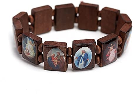 Uqezagpa Rosenkranz-Armband aus Holz, elastisch, farbige Perlen, katholischer Armreif, religiöse, heilige Hingabe