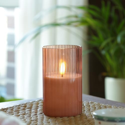 MARELIDA LED Kerze im Glas Windlicht Echtwachs flackernd Timer rosa (12,5cm Höhe)
