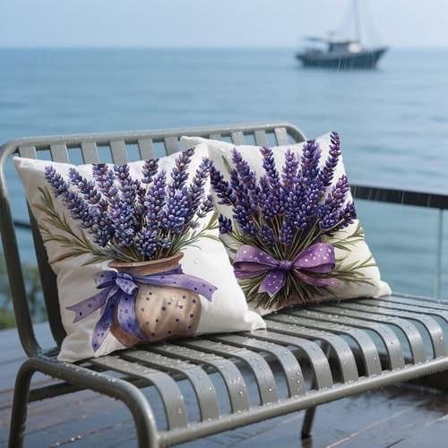 Outdoor Kissen Wetterfest 40x40 cm Boho Dekokissen Kissenbezüge Lila, Leinen Kissenhülle Lavendel Kissenbezug 40x40 2er Set, für Wohnzimmer Balkon Sofakissen Deko Garten Outdoor Sitzkissen K-8300