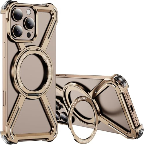 SIYOPINPFY Skeleton Case for iPhone 14 Pro Max, Military-Grade Protection Magnetic 360° Spin Ring Kickstand Compatible with MagSafe Titanium Shockproof Bumper Case for iPhone 14 Pro Max, Gold THJ