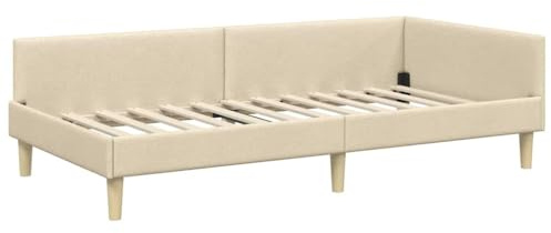 vidaXL Corner Bed Frame Cream 90 x 200 cm Fabric and Engineered wood, Contemporary Corner Bed Frame, Adjustable Headboard, Durable Polyester Material, Space Saving Stylish Bedding Solution