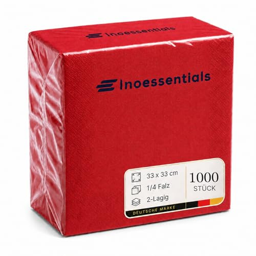 Inoverse Servietten Rot 33 x 33 cm 1000 Stück, Papierservietten Großpackung | 2-lagig 1/4-Falz einfarbig, Einwegservietten, für Hochzeit, Buffet, Party, dekorative Tischservietten für Gastronomie