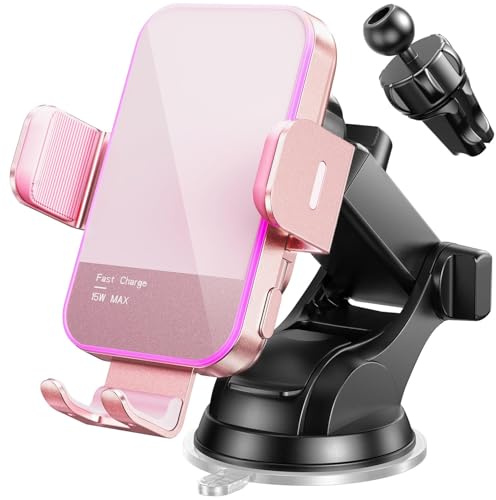 Car Phone Holder Wireless Charger,【7 Colored RGB Backlit】MOSURR 15W Auto Clamping Wireless Car Charger Mount for iPhone 16 15 14 Mini Pro Max, Samsung Galaxy S26 Ultra S25 S24+, etc - Pink