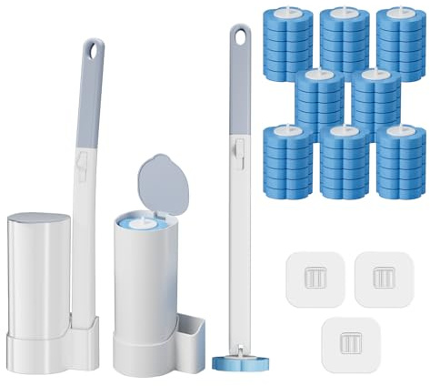 2 Pack Disposable Toilet Brush Wand and Holder with 48 Cleaner Refills, Disposable Toilet Cleaning System,Wall Mounted Toliet Stick Wand Starter Kit Bathroom Maintenance,Toilet Bowl Cleaner Holder