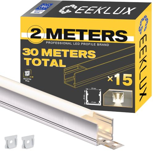 LED Aluminium Profil U-Form 2M*15pcs(30M) mit Milchig Weißer Abdeckung Kanal Diffusor Alu LED leisten Schienen kanalleiste Aluprofil Streifen Profile lichtkanal led strip aluschiene unterputzprofil