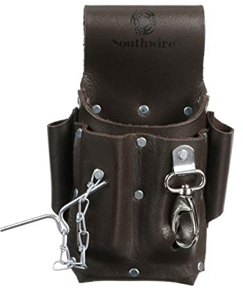 Southwire POUCH4 Leather Tool Pouch; 5 Pocket Pouch with Electrical Tape Chain; Fade Resistant; Durable Compartments; Washer Rivets; Includes Metal Tool Clip; Dark Brown