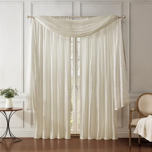 Elrene Home Fashions, Athena Gardinenset aus Kunstseide mit Knitteroptik, bestehend aus Vorhangpaneelen und Volant, 132 x 213 cm (2 Paneele) und 1 Volant, Elfenbein