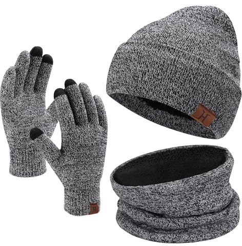 Bequemer Laden Wintermütze Herren Strickmütze, Rundschal, Touchscreen Handschuhe - Sets, Warme Handschuhe Winterschal und Mütze mit Fleecefutter, Grau, one size