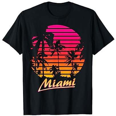 Hot Tropical Summer Sunset Retro Beach Designs Herren Sommer T-Shirt Schwarz S Miami 80er Strand Palme Sonnenuntergang Muster Rundhals-Ausschnitt Halbarm Standardlänge Regular Fit Imported