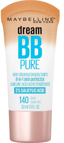 Maybelline Dream Pure Skin Clearing BB Cream, 8-in-1 Skin Perfecting Beauty Balm With 2% Salicylic Acid, Sheer Tint Coverage, Oil-Free, Deep, 1 Count