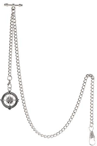 TREEWETO Taschenuhrkette mit T Bar Endstück Albert T-Bar Taschenuhr Kette mit Antiker Kompass-Anhänger und 2 Haken für Weste Knopfloch Silber