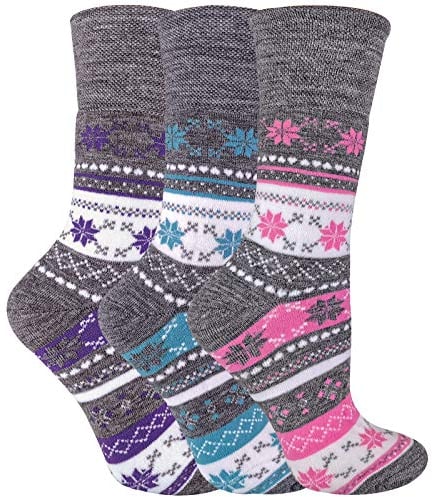 Ladies 3 Pairs of Thick Winter Warm Fairisle Patterned Thermal Socks with Non-Elastic Top (4-8 UK, Grey)