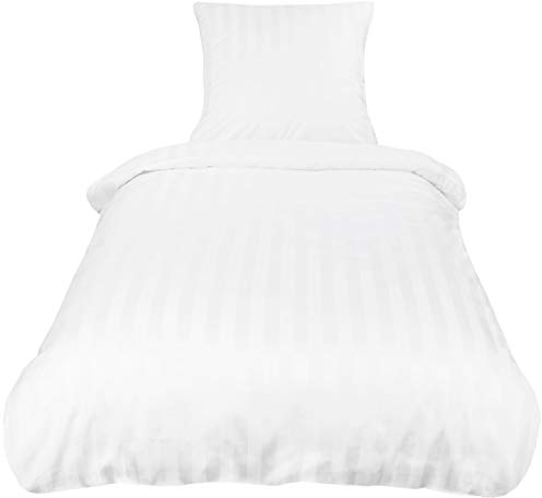 ZOLLNER Satin Bettwäsche, bestehend aus Kissenbezug und Deckenbezug - 80x80 cm + 140x200cm - edles Längsstreifendesign (20mm) - Baumwolle - waschbar bis 95°C – Hotelqualität