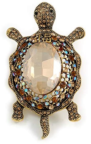 Stunning AB/Champagne/Topaz Crystal Turtle Brooch In Aged Gold Tone - 75mm Long