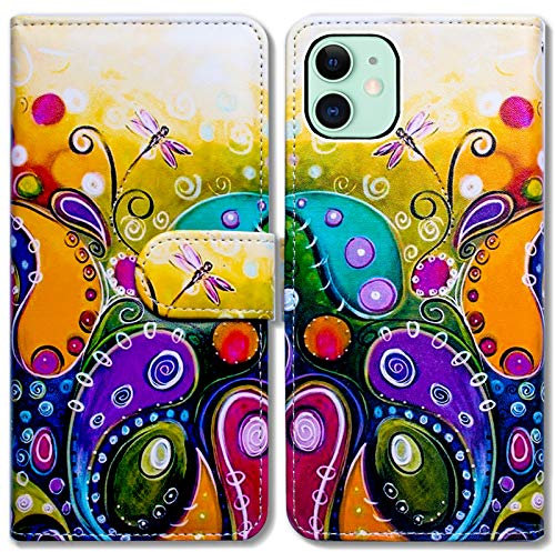 Bcov iPhone 12 Case,iPhone 12 Pro Case, Colorful Dragonfly Leather Flip Phone Case Wallet Cover with Card Slot Holder Kickstand for iPhone 12/iPhone 12 Pro