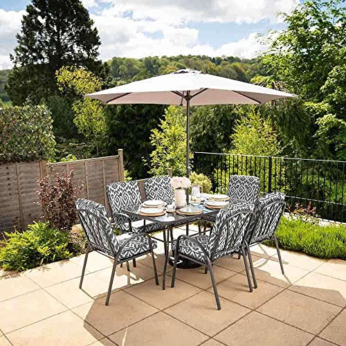Hectare 6 Seater Metal Garden Furniture Outdoor Dining Set with Table and Parasol in Aztec Grey Pattern