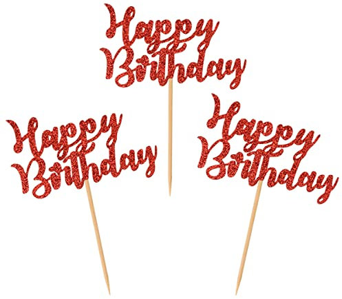 Donoter 24 Stück glitzernde rote Cupcake-Aufsätze Happy Birthday für Geburtstagsparty, Dekoration