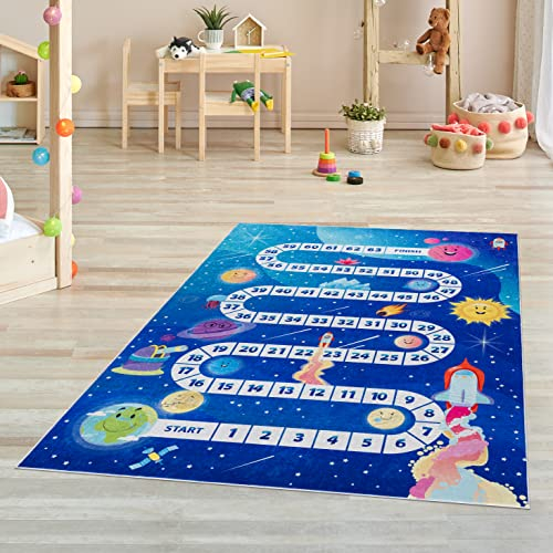 Pasha Home Kinderteppich 120x180 cm Space Way/Kinder Spielteppiche aus Polyester- & Flanellfasern/Teppiche fürs Kinderzimmer antirutsch & schmutzabweisend/waschbarer Spiele Teppich