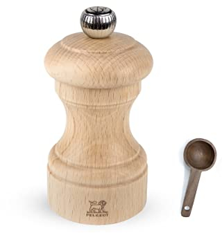 Peugeot Bistro Manual Pepper Mill, Natural Wood 10 cm - 4in - With Wooden Spice Scoop