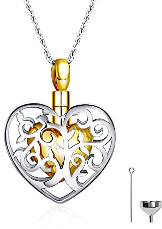 Tolyda Herz Anhänger Urnenketten für Asche: 24 Karat vergoldeter Herz Baum des Lebens 925 Sterling Silber Memorial Schmuck Cremation for Frauen Mama Schwester