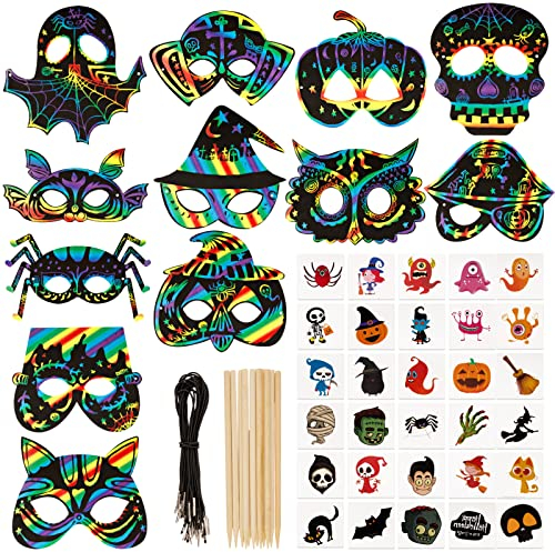 COLOFALLA 54Stk Set 24 Stk Halloween Kratzbilder Masken 30 pcs Halloween Tattoos Kratzmasken DIY Bastelset für Kinder Party Mitgebsel Geschenke für Junge Mädchen Karneval mit Holzstifte