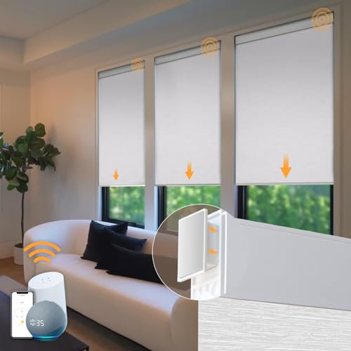 Motorized Blinds No Drill Automatic Blinds for Windows Cordless Roller Shades Electric Blinds with Remote Control Smart Blinds (White, 46 x 72)