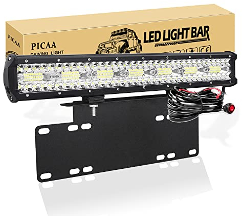 PICAA Car Led Light Bar, 22 inch Tri Row 8D 480W LED Work Lights Bar Lamp Light With License Plate Mount Bracket Holder 12V Wiring Kits For Off road Truck SUV UTE ATV 4x4, 6000K