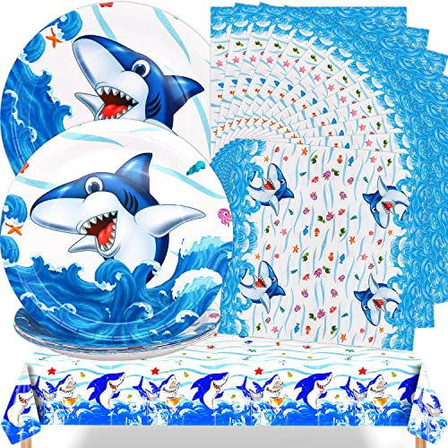 Hai Geburtstagsparty Geschirrset, Meerestier Partyzubehör Geschirr Set Einschließen 16 Abendessen Teller, 20 Servietten und 1 Hai Tischdecken für Kinder Meerestier Themenparty Dekoration