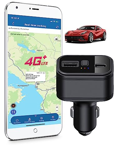 TKMARS 4G LTE GPS Tracker ohne ABO, Dual-USB Auto Zigarettenanzünder, Auto GPS Ortungsgerät Autotelefon-Ladegerät Peilsender für Auto mit kostenloser App/Webplatform, (TK818)