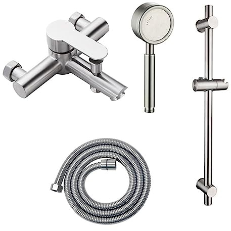 Dusch-Set Badarmatur - Einhand-Wannenbatterie, mit Temperaturbegrenzer & Keramikkartusche & Tempesta 100 |Brause- & Duschsystem - Brausestangenset, inkl. Handbrause, Brausestange, Schlauch (A)