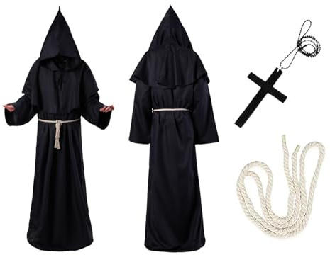 May Huang Mönch Robe Kostüm Prister Gewand Mittelalterliche Renaissance Robe mit Kapuze und Kreuz Mönchskutte für Mottoparty Halloween Cosplay Karneval und Fasching