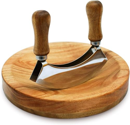 TIYOORTA MEZZALUNA KNIFE AND CUTTING BOARD – Double Blade herb chopper ULU Knife with 8 inch Recessed Board Set– For Efficient Mincing Nuts n Veggies