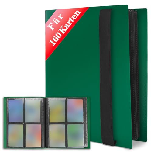 JUSONEY Sammelkarten Album - 160 Pockets Sammelalbum 20 Seiten Pro 4 Pocket mit Wasserdichte Grün Buchdeckel Perfekt zum Sammeln von Karten für MTG Magic,für Match Atta(Grün)