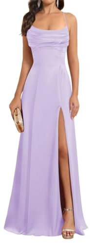 Vestido largo de satén con tirantes delgados, para dama de honor, vestido formal plisado con abertura, Lila, 40