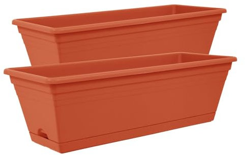 simpa Plastic Rosewood Trough Garden Planter Pot 50cm Length with Detachable Drainage Tray - Set of 2