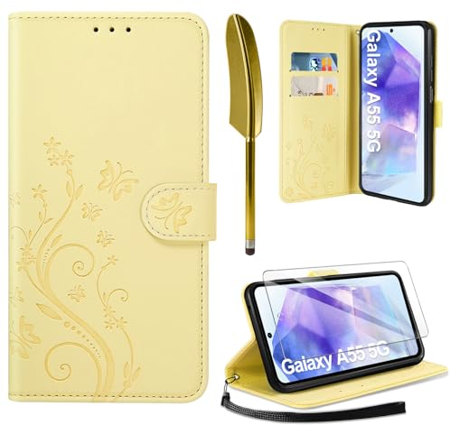 AROYI Lederhülle Kompatibel mit Samsung Galaxy A55 5G Hülle und Schutzfolie,Wallet Handyhülle Leder Tasche Kartensteckplätzen Schutzhülle Kompatibel mit Samsung Galaxy A55 5G Gelb