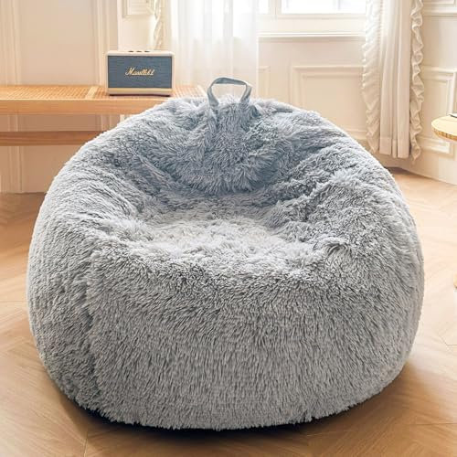 XeGe Flauschiger Kuscheltier-Speicher-Sitzsackbezug (ohne Füllung), waschbar ultraweicher Kunstfell-Sitzsackbezug für Plüschtiere, flauschiger großer Sitzsack Erwachsene, Kinder, Jugendliche, Hellgrau