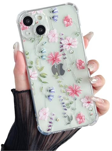 DEFBSC Case for iPhone 13, Cute Clear Flower Design Phone Case for Girls Women Slim Fit Shockproof Soft TPU Bumper Protective Case for iPhone 13 - Pink
