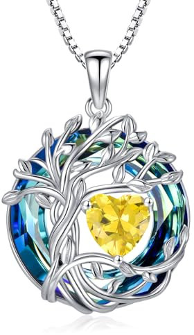 TOUPOP Tree of Life Necklace 925 Sterling Silver Heart Citrine November Birthstone Pendant Necklace Irish Family Jewellery Gifts for Women Her Mum Wife Anniversary Birthday Graduation Gift